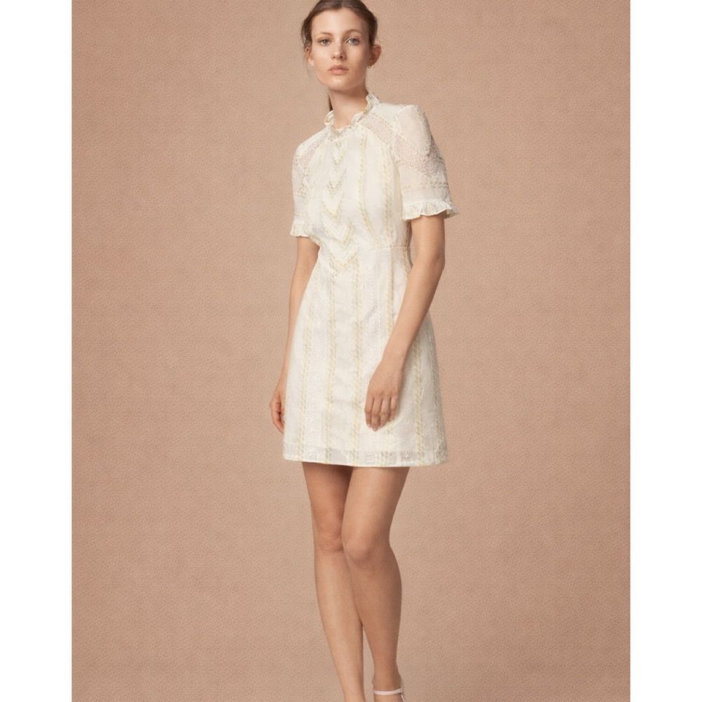 Sandro “Mary” Lace-Panel Mini Dress | Ecru | French Romanticism 38 | US 4 - Picture 4 of 12